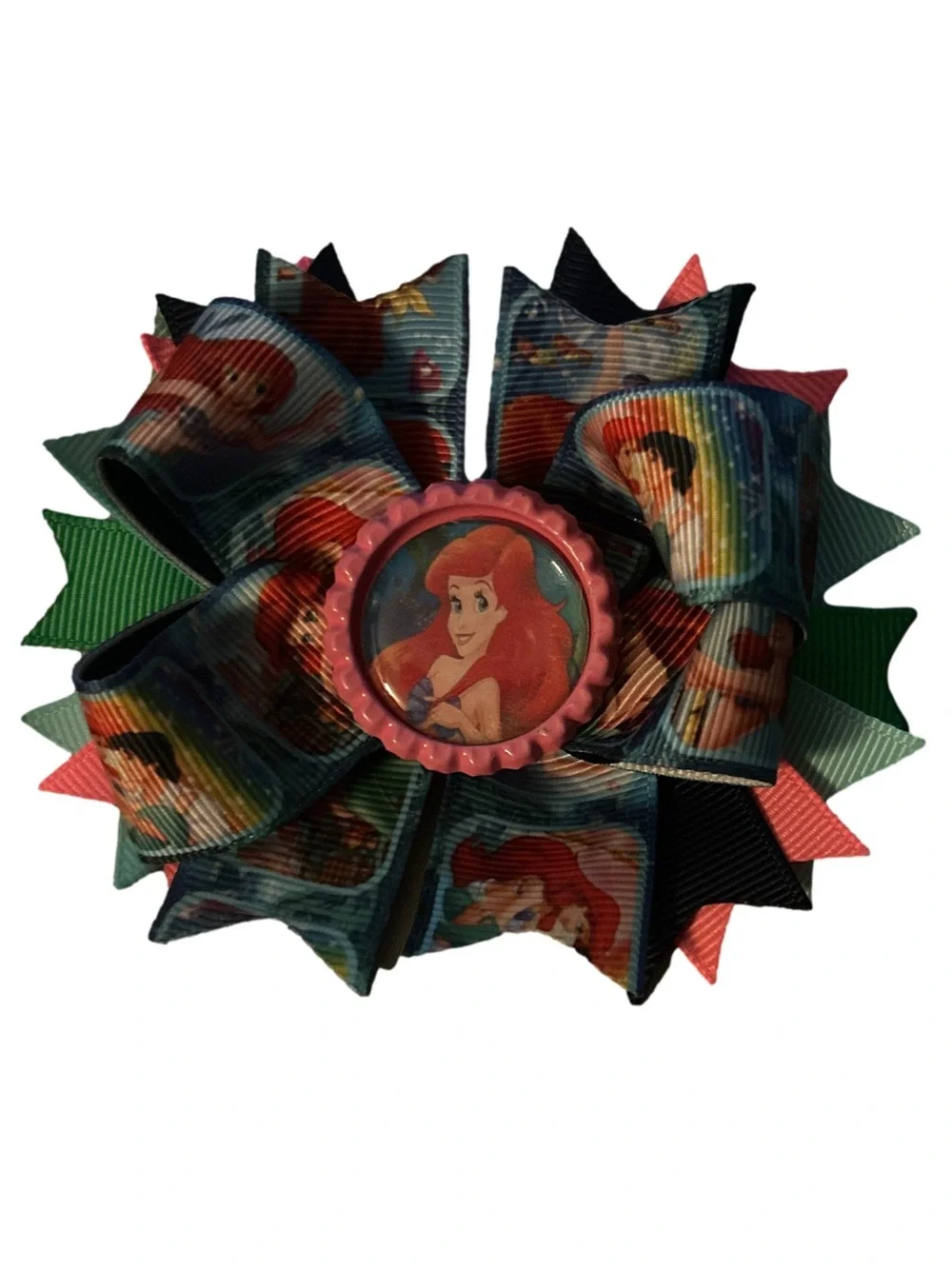 Little Mermaid Themed Layered Hair Bow - Red & Green